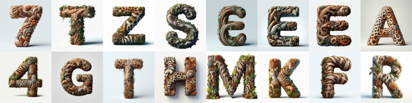 Animal lettering 3D. AI generated illustration