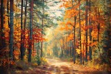 Fototapeta Las - Autumn Forest Road with Yellow Leaves Background