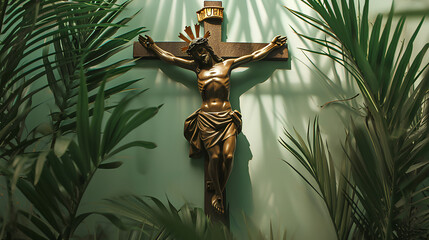 Wall Mural - palm sunday background christianity celebration, Christian Palm Sunday with palm branches and leaves and cross