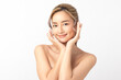 © Shutter B - Happy beautiful young asian woman smile touching her face on white background, clean fresh bare skin concept. Facial treatment, Perfect skin, Natural make up.