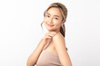 © Shutter B - Portrait of smiling young Asian woman making an elegant hand gesture on white background. Asian girl beauty face skincare and health wellness, Facial treatment. Perfect skin, Natural makeup.