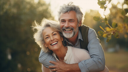 Happy mature couple having fun outdoors on sunny day. Woman on mans shoulders