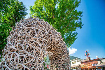 Poster - Jackson Hole, WY - July 12, 2019: Elk Antler Arches in Jackson Town Square, Wyoming