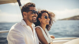 Fototapeta Konie - Smiling young mixed race couple enjoying sailboat ride on sunny summer day