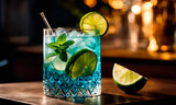 Fototapeta Sypialnia - blue lagoon cocktail in a glass. Selective focus.