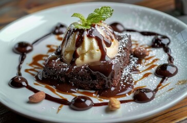 Wall Mural - A dessert with chocolate sauce and ice cream on top