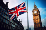Fototapeta Big Ben - City of London flag background. London Big Ben, Elizabeth tower in England and flag of Great Britain, United Kingdom. Flag of England and the United Kingdom, UK. Great Clock and Union Jack of England