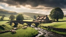 English Countryside, Shire In The Dale, A Small Winds Down From One Side Of The Dale, Crosses A Creek By Way Of A Stone Bridge And Splits, Thatch Roof House Of Stone, Sheep Grazing, Gritty And Dramati