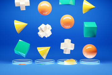 Poster - 3D illustration Abstract multi-colored shapes: cube, torus, sphere, polygon falling into a portal against a blue background, 3D illustration.