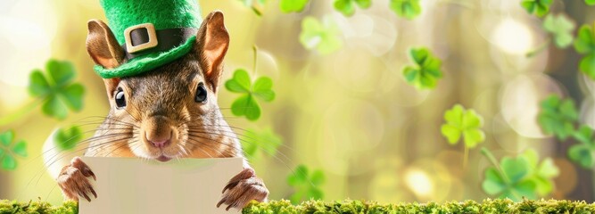Cute happy squirrel wearing a lucky green hat and holding a banner. st patrick's day concept