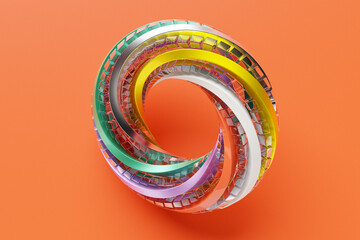 Fototapete - Futuristic neon colorful torus donut. 3D rendering,  torus geometry shape in   orange background