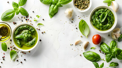 Wall Mural - Pesto sause and ingredients on white background, copy space