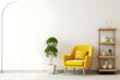 Modern minimalist interior with an yellow armchair on empty white color wall background 
