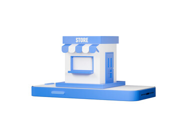 Poster - 3d store shop building with smartphone icon symbol. E-commerce, Online Shopping concept, Convenience store shopping online and delivery service on mobile application, 3d rendering illustration.