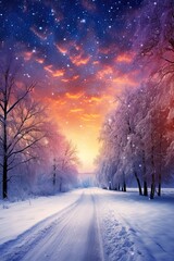 Wall Mural - snow covered majestic road leading to colorful sunrise with epic milky way and galaxy for book cover