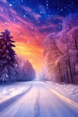 Snow Covered Majestic Winter Road - Colorful Sunrise Between Milky Way and Snow Covered Trees, Making a Beautiful Galaxy Universe Book Cover