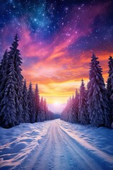 Wall Mural - Snow Covered Road Towards Colorful Sunrise & Milky Way Between Trees. Majestic Winter Universe & Beautiful Galaxy View for Book Cover