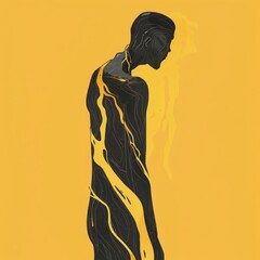 Wall Mural - Abstract minimalist illustration of a human silhouette with black flowing lines on a vibrant golden yellow
