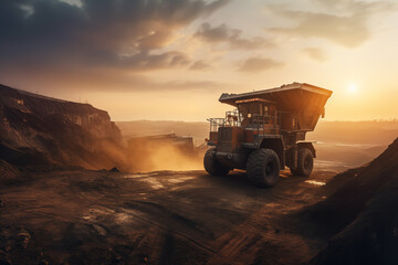 Wall Mural - Mining truck in opencast on sunset. Electric EV futuristic mining truck in open-pit. Haul truck with bucket. Electric dump truck in a quarry during mining, future concept. AI Generative Illustration