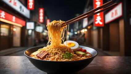 Wall Mural - Ramen Noodles Feast, Close-Up View of Delicious Bowl with Toppings in a Vibrant Night Market