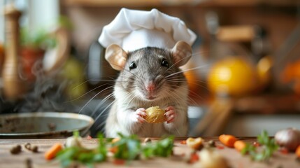 Wall Mural - A cute rat in a chef's hat cooks food in a pot. Home pet 