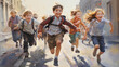 © PaulShlykov - Group of elementary school kids running at school