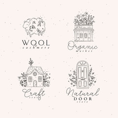 Wall Mural - Hand drawn sheep, store, house, door labels drawing in floral style on light background