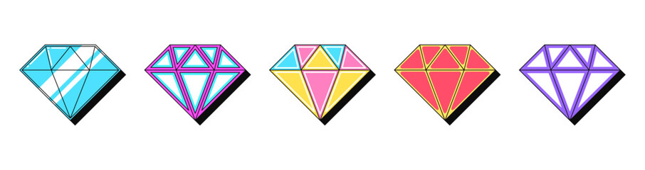 Poster - Isolated retro diamond icon set, vector stickers. Gemstone, brilliant, royal treasure, jewel, precious stone, luxury. Outline 3d diamonds with pattern. Retro design elements for ads and pop culture