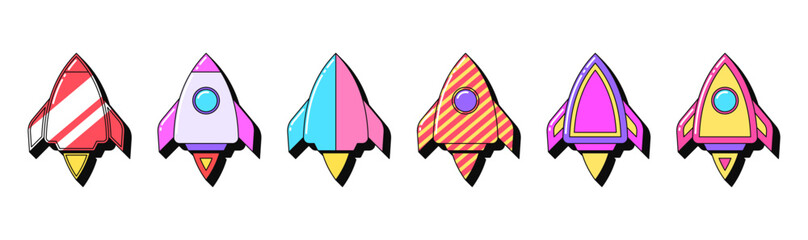 Poster - Isolated retro rocket icon set, vector stickers. Startup launch, space ship, spacecraft flight, start and boost business. Outline 3d rockets with pattern. Retro design elements for ads and pop culture