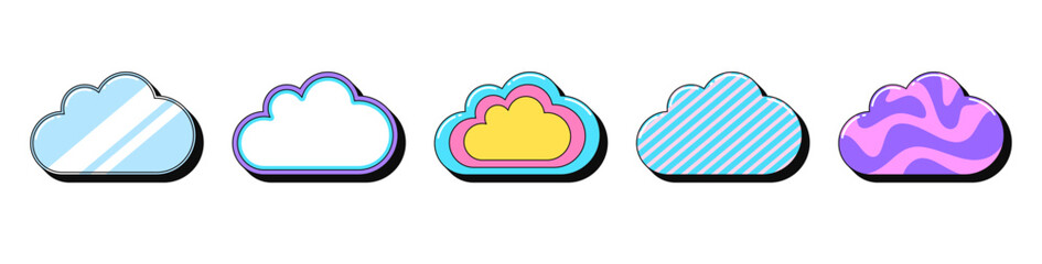 Sticker - Isolated retro cloud icon set, vector stickers. Digital data storage, cloud technology and datacenter, update center. Outline 3d clouds with pattern. Retro design elements for ads and pop culture