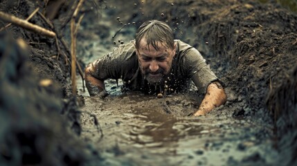 A man crawling through thick and wet mud