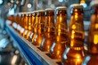 Production of brewing and bottling craft beer at a beer production plant. Conveyor with beer bottles.