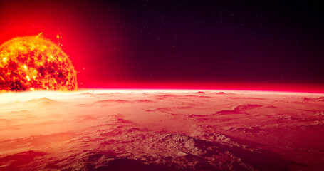 Wall Mural - planet near a star, mercury near the sun. exoplanet. mountainous surface of a planet and a star. 3d 