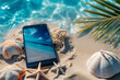 Creative summer sandy beach on smartphone with blue seaside background, close up with copy space
