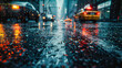 Rainy urban street scene, capturing the reflective beauty and atmospheric mood of a city under the rain at night