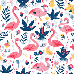  Seamless pattern background with pink flamingos and leaves.