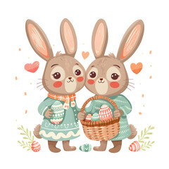 Wall Mural - Cute cartoon bunny rabbit couple holding basket with easter egg  together. Easter Day background.