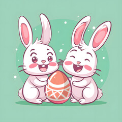 Wall Mural - Cute cartoon bunny rabbit couple holding Easter egg together. Easter Day background.