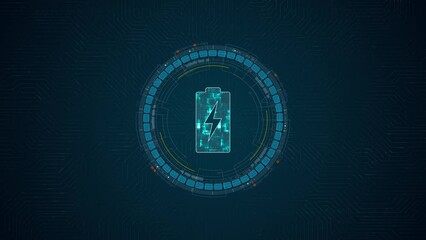 Wall Mural - Motion graphic of Blue digital battery logo and circle futuristic HUD elements with power reserve concepts on cricuit board abstract background