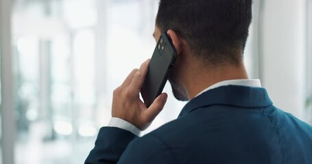 Poster - Office, deal or back of businessman on a phone call talking, networking or speaking of ideas or news. Listening, mobile communication or male entrepreneur in conversation for a negotiation offer