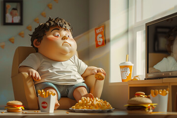 cartoon fat boy watching tv while eating snacks at  home