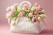 © Pekr - charming feminine concept with a white womens bag and colored flowers