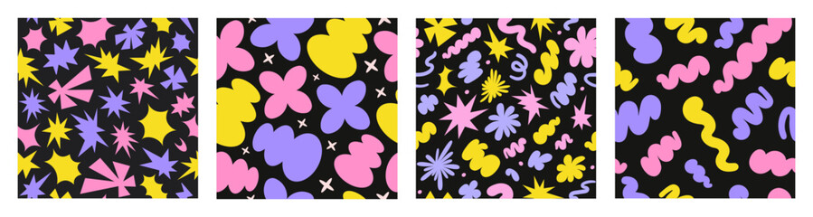 Poster - Abstract set seamless patterns with colorful retro groovy shapes on a black background. Vector illustration in style 90s, 00s