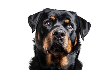 Wall Mural - Portrait of a cute black Rottweiler puppy sitting on a white background