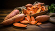 Raw sweet potatoes on wooden background