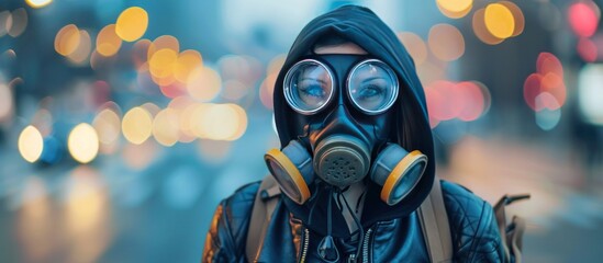 Wall Mural - Female model wearing gas mask with head scarf, air pollution concept AI generated image