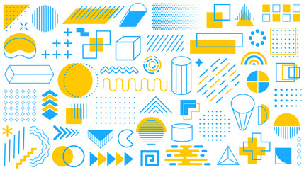 Poster - Set of geometric shapes icons. Memphis design retro elements. Retro funky graphic, 90s trends designs and vintage print element collection. Collection trendy minimal halftone geometric shapes