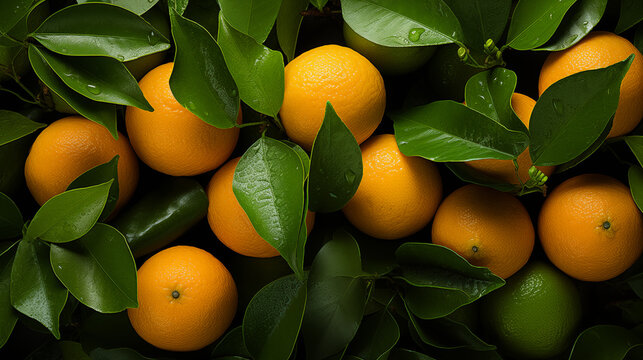 Background from fresh ripe oranges or tangerine with green leaves, top view