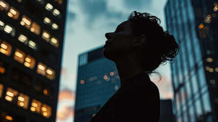 Poster - A woman is standing in the middle of a city at night. She is wearing a black dress and has her hair in a bun. The city skyline is in the background, and the sky is cloudy. The woman is lost in thought