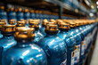 Neat rows of blue propane tanks, a study in industrial pattern and precision